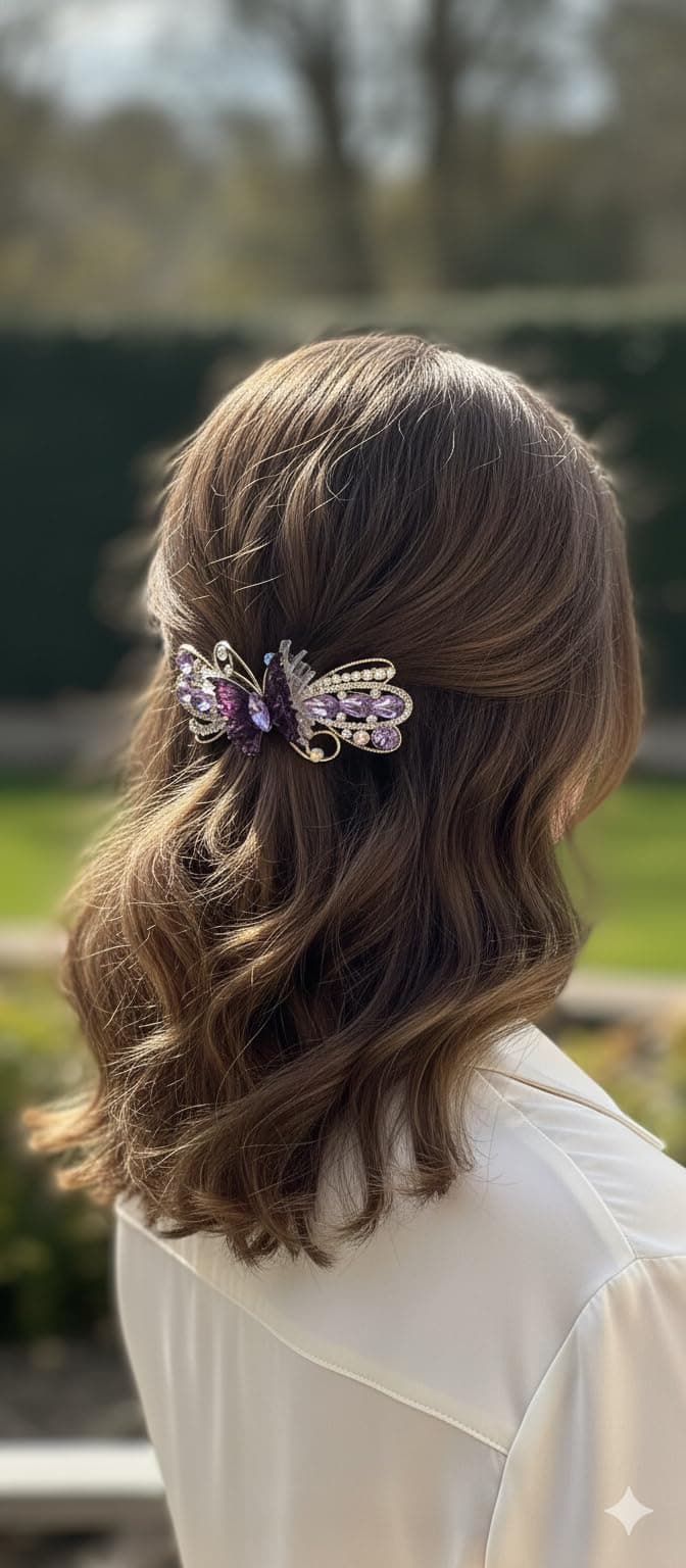Joyify Crystal Butterfly Hair Clip, Purple and Pink Rhinestone, Gold Tone Metal, Decorative Hair Accessory